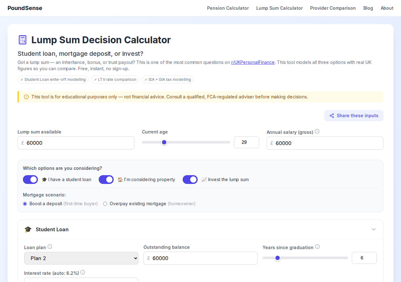 Lump sum decision calculator showing student loan, mortgage deposit, and invest options