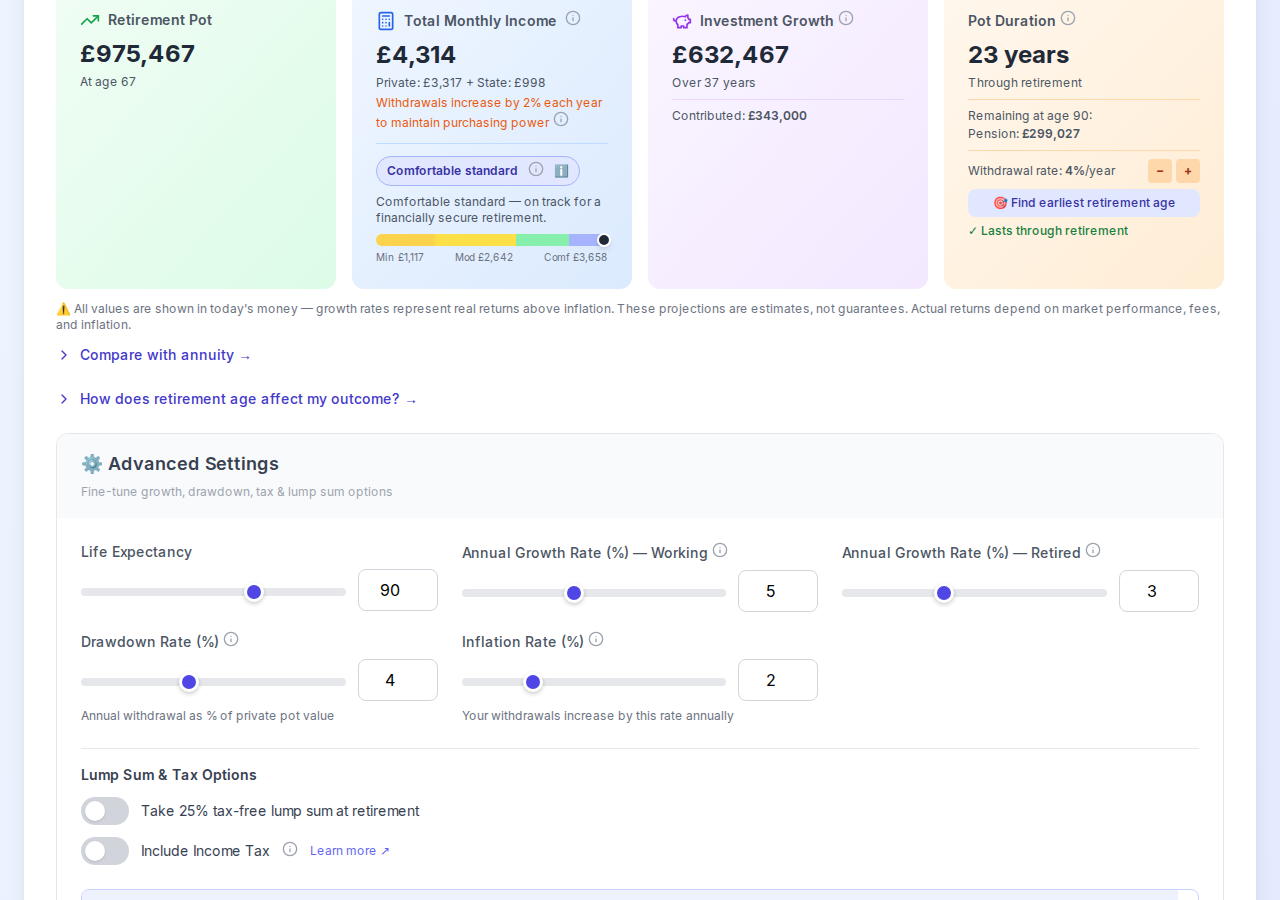 Pension calculator showing £975,467 retirement pot for 30-year-old following UKPF flowchart